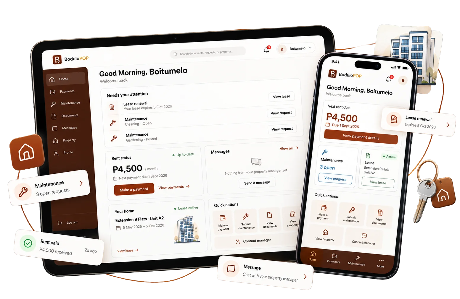 Bodulo tenant app – home screen showing rent due, maintenance and messages